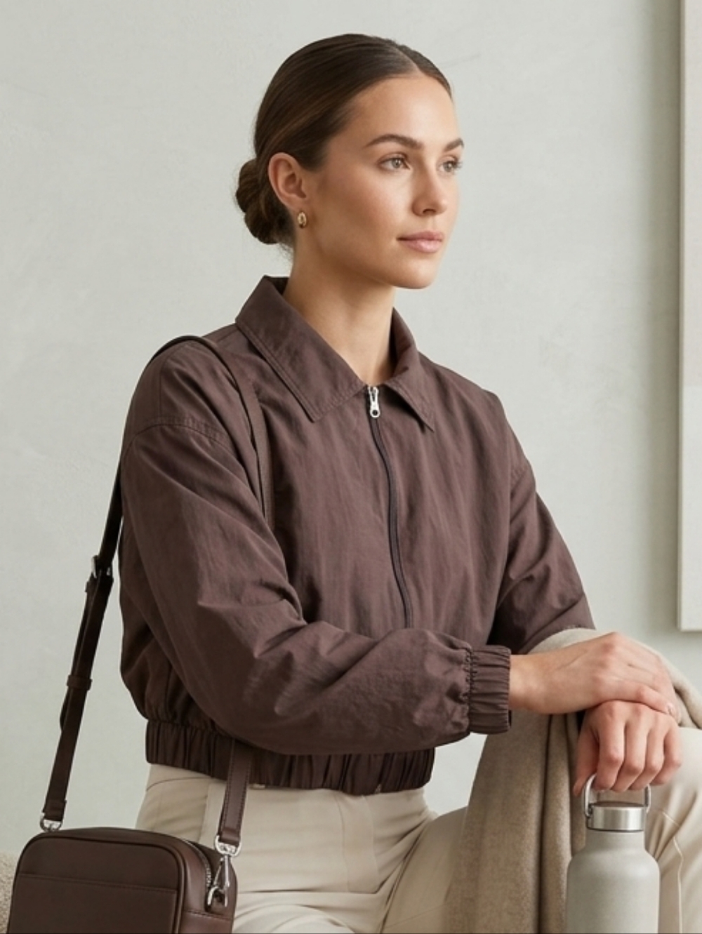 Wilo The Label XS Quiet Luxury Athleisure Activewear Mocha Cropped Jacket